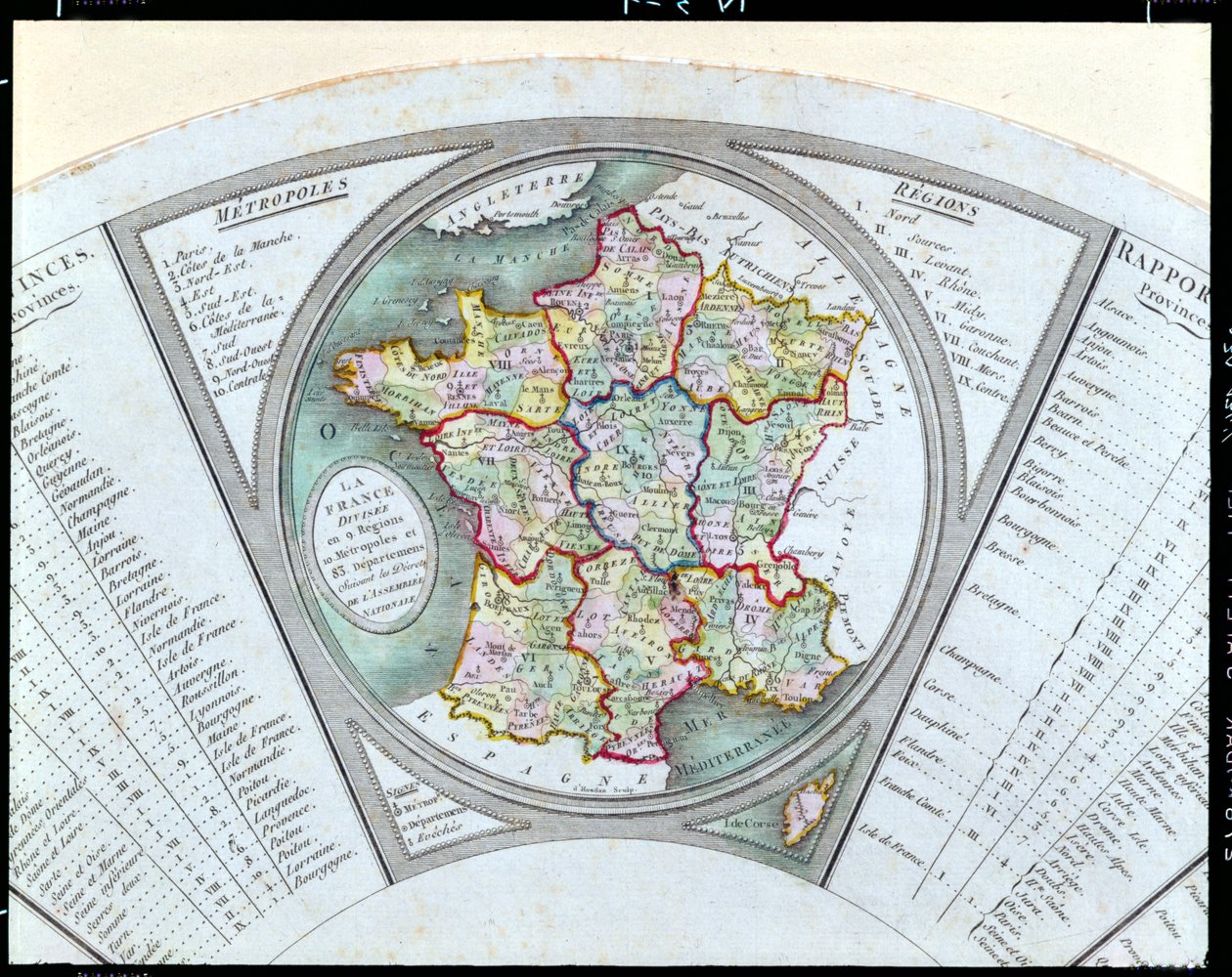 Fan depicting the Map of France as Divided into 9 regions, 10 metropolis and 83 departments by French School