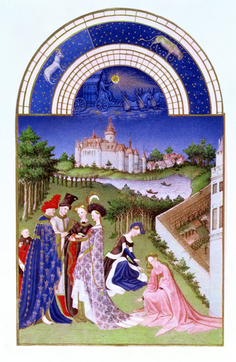 Facsimile of April: Courtly Figures in the Castle Grounds by the Limbourg Brothers, from the Tres Riches Heures du Duc de Berry by French School
