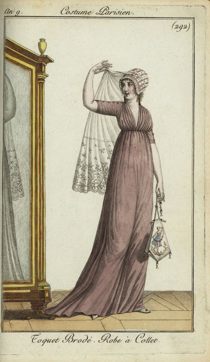 Fashionable woman in embroidered toquet hat by French School