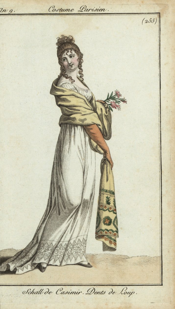 Fashionable woman wearing a cashmere shawl by French School