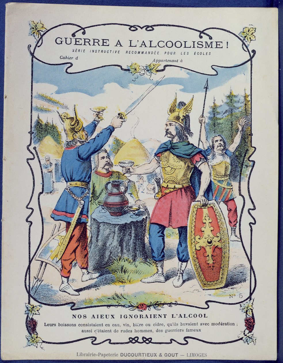 Fight Against Alcoholism!, an illustration of Gaulish warriors from a protective sleeve for school books by French School