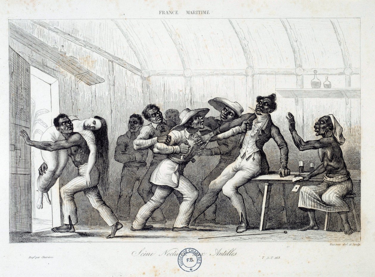 Fighting in a Tavern in the West Indies, a Young White Woman is Abducted by Robbers (engraving) by French School