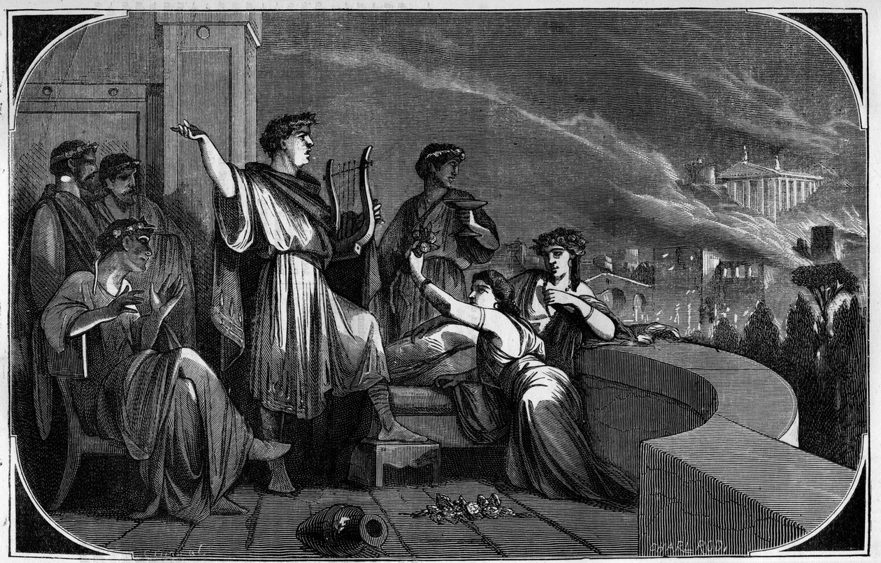 Fire of Rome by Nero. Between 18 and 24 July 64 the city of Rome was devastated by a large fire allegedly caused by Emperor Nero to accuse and persecute the Christians. Engraving in 