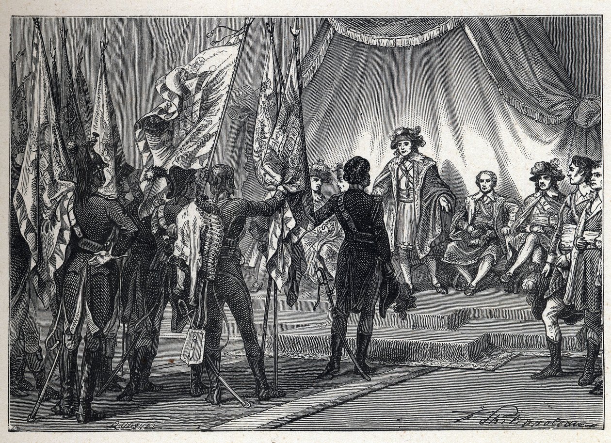 First coalition: Joachim Murat (1767-1815) presents to the Executive Board the flags conquered by the French army, commanded by Napoleon Bonaparte, during the Italian campaign. Engraving from 1889. Private collection by French School