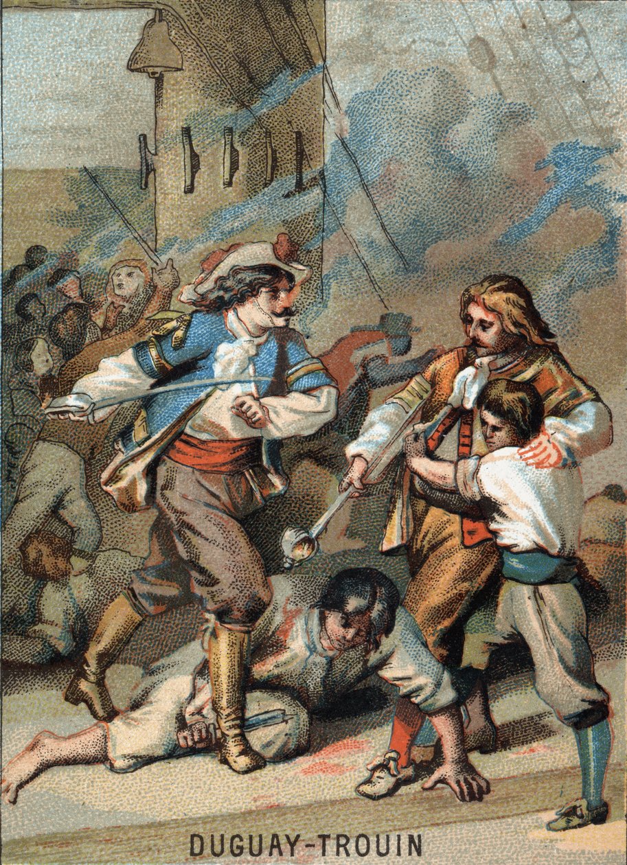 First feat of Rene Duguay Trouin (Duguay-Trouin) (Rene Trouin du Gue dit) (1673-1736), French sailor: Duguay - Trouin combattant Wassenaer (1695). Chromolithography of the Series Patriotic Education through Image by French School