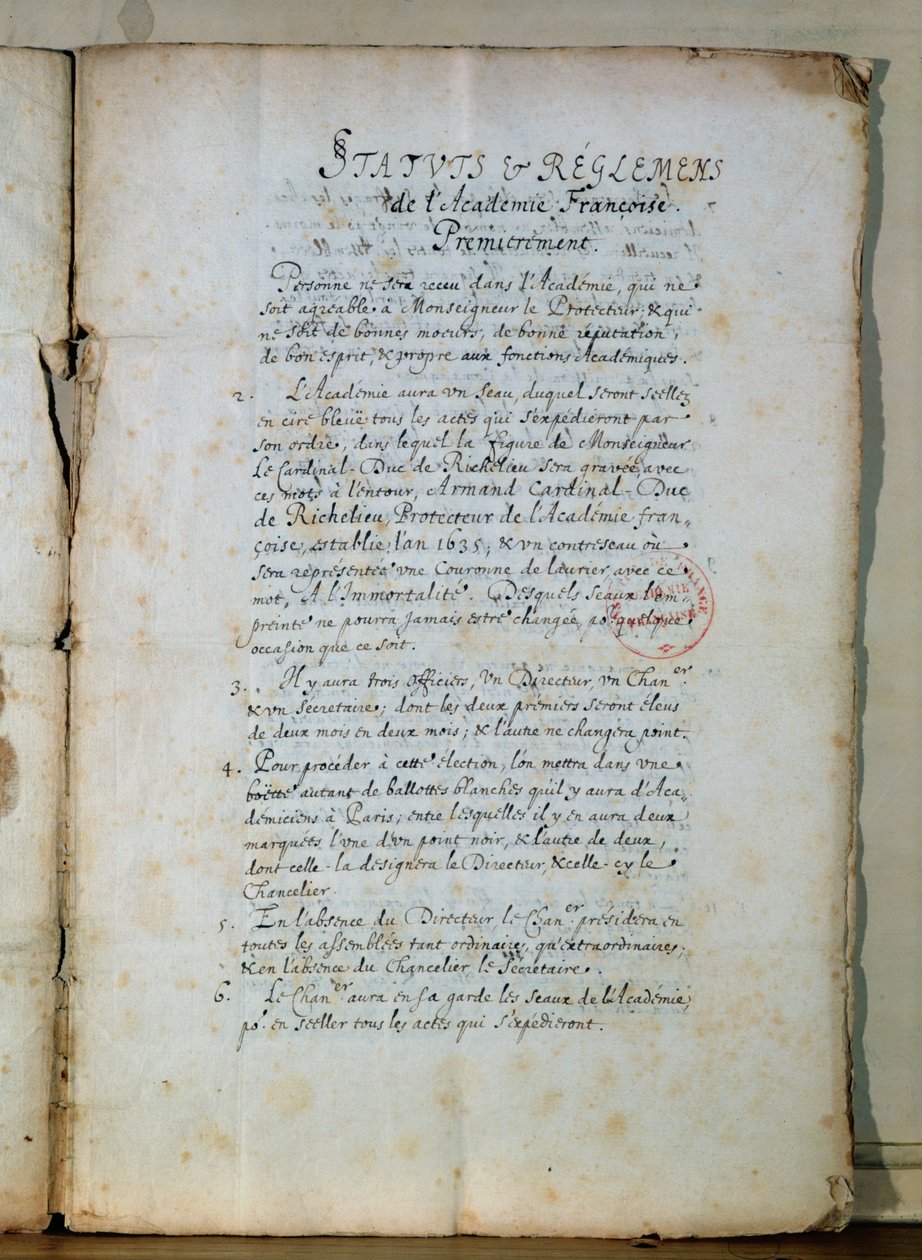 First page of the statutes of the French Academy, 1635 by French School