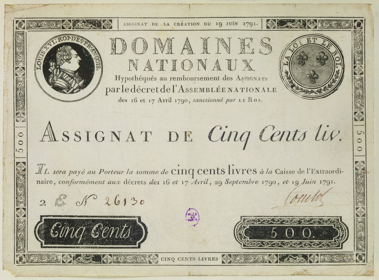 Five hundred livres banknote, 19th June 1791 by French School