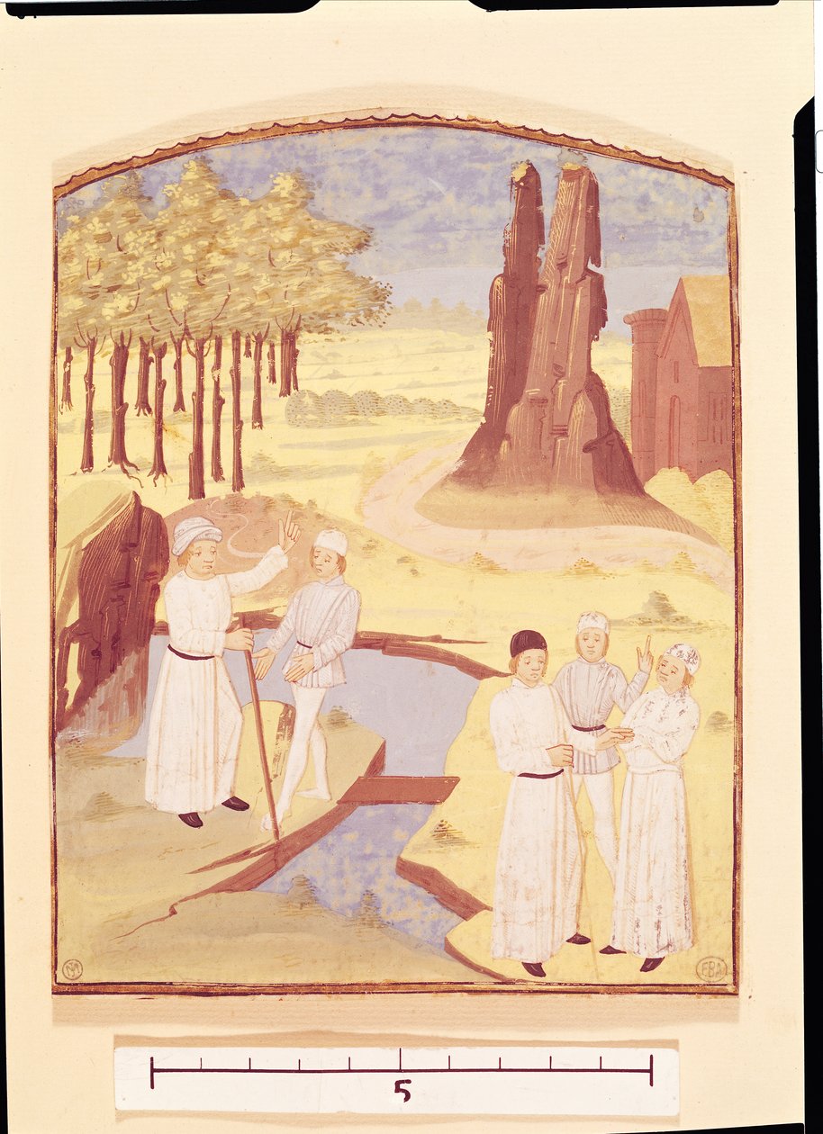 Five people discussing garden design, from Livre des Prouffitz Champestres by Pietro de Crescenzi (1230-1320) by French School