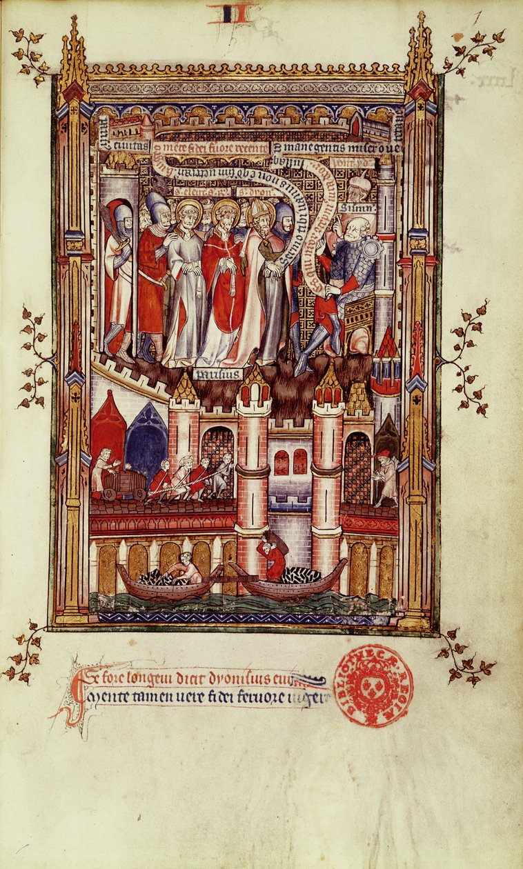 The first interrogation of St. Denis and his companions by Sisinnius, from Vie de St. Denis, 1317 by French School