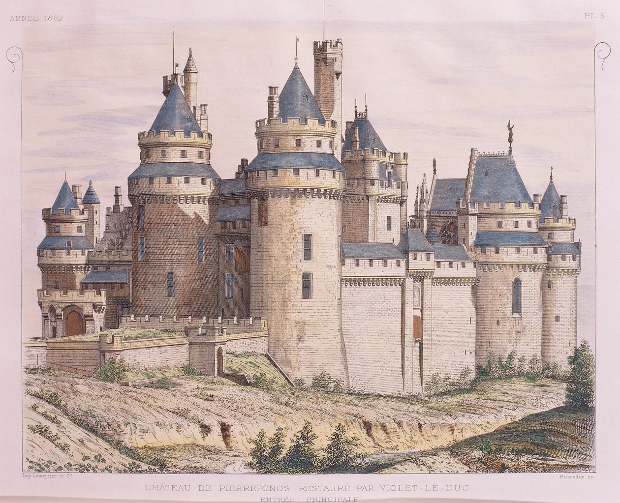 Pierrefonds Medieval Castle, Restored by Violet le Duc, from Moniteur des Architectes, Engraving by French School