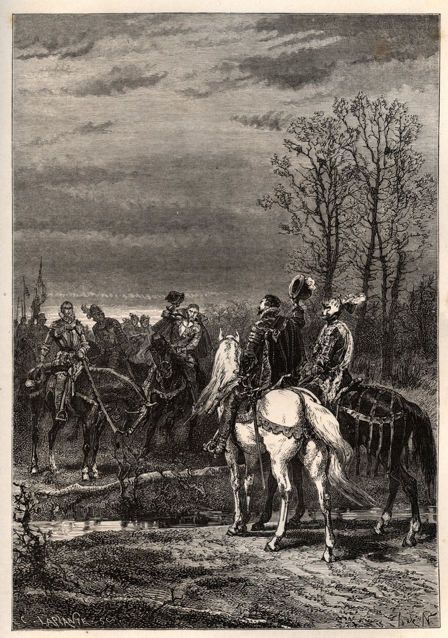 French Religious Wars - October 1569 War of Religion - The Talks preceding the Battle of Moncontour (Henri, Duke of Anjou future Henry III and Gaspard II of Coligny - The Battle of Moncontour (October 1569) - engraving from 