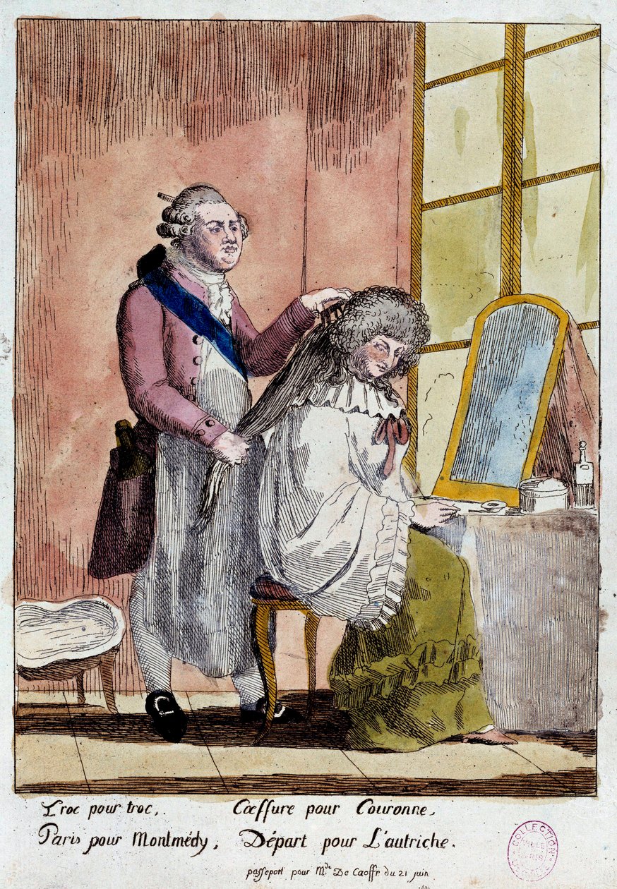 French Revolution: Cartoon on the flight of the royal family to Varenne on 20 and 21/06/1791: King Louis XVI styling Queen Marie Antoinette was supposed to leave with the false passport of governess of the children of the Baroness of Korff. Anonymous colou by French School