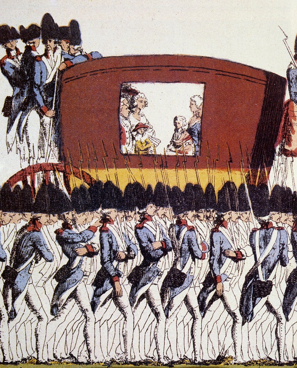 Französische Revolution: Rückkehr der königlichen Familie nach Paris am 25. Juni 1791 nach der Verhaftung in Varennes am 20. und 21. Juni 1791. Eau-forte coloriee anonym 1791 von French School