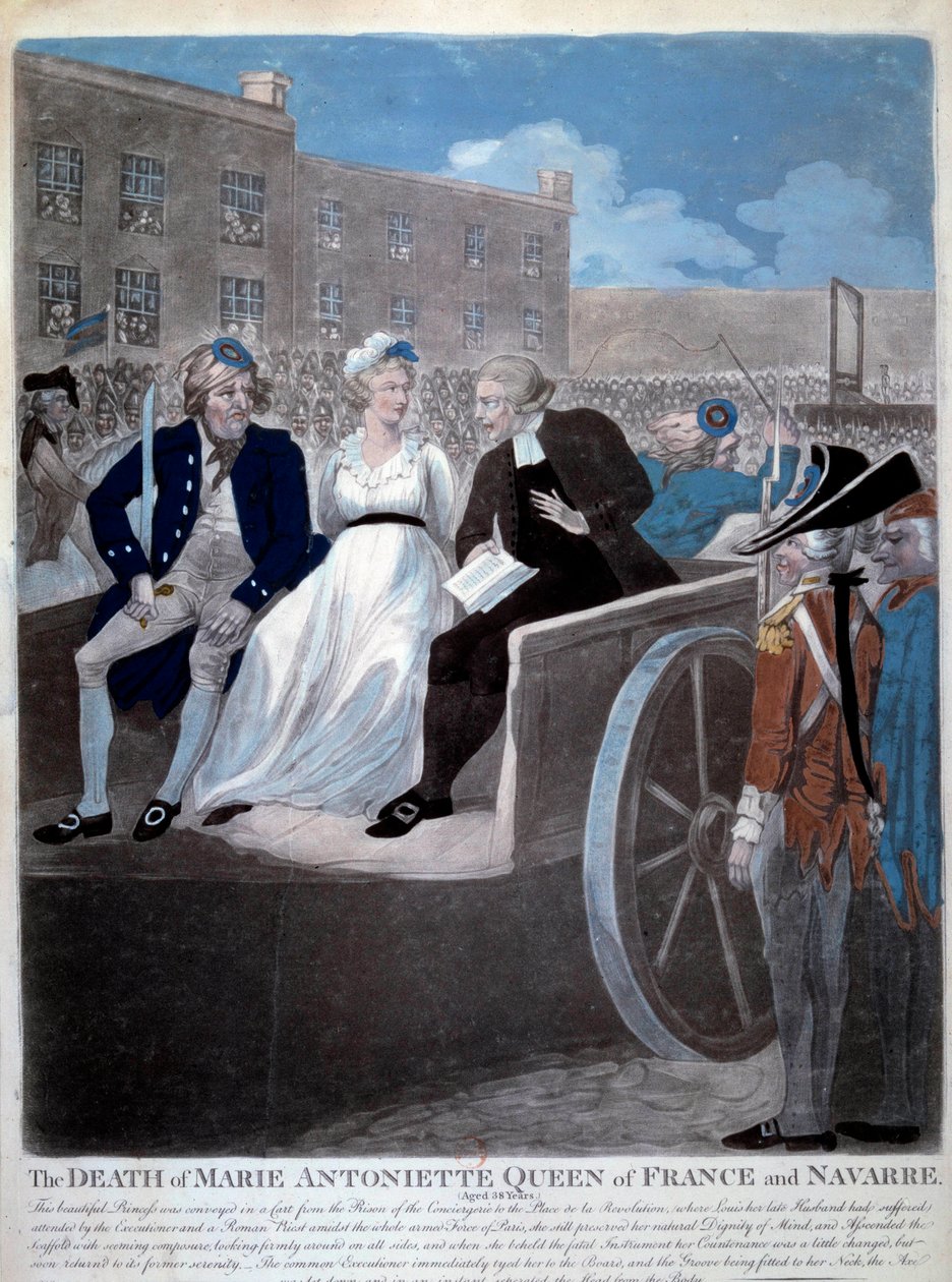 French Revolution: the Queen of France Marie Antoinette (1755-1793) is taken to the guillotine. Engraving from 1793. Paris, Library of the Arsenal by French School