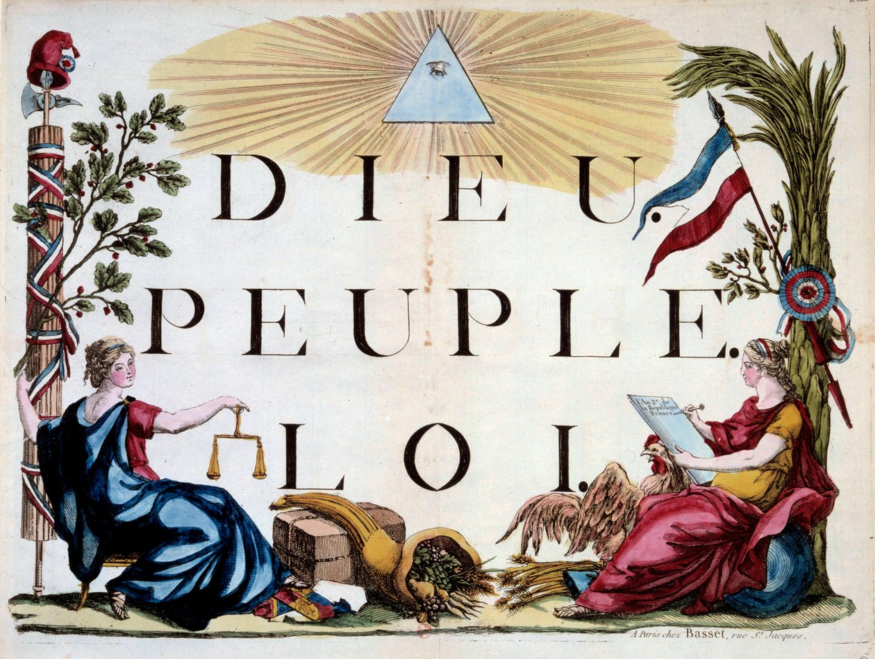 French Revolution: the divine triangle illuminating God, the People and the Law, the allegories of France, Justice, Abundance and the Republic by French School