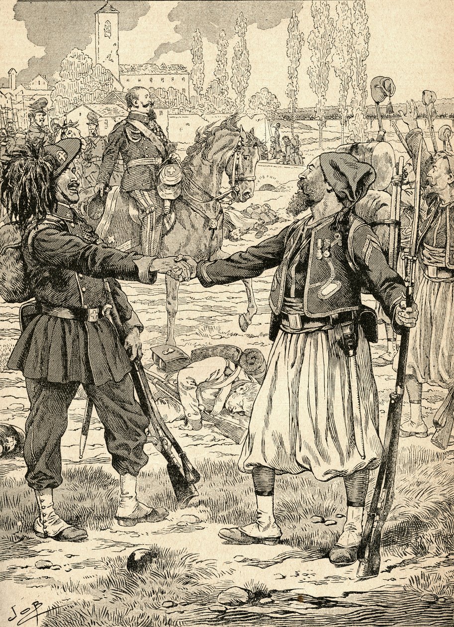 French and Sardinian soldiers shaking hands to celebrate their victory against the Austrians after the Battle of Palestro, Italy by French School