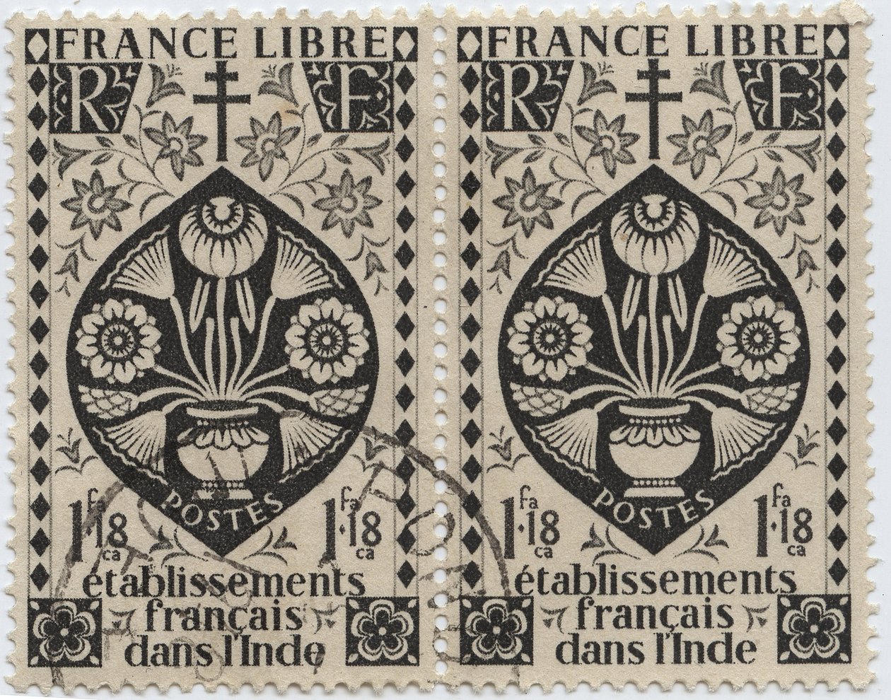 French establishments in India - FRANCE LIBRE and Cross of Lorraine - Stamp 1942 by French School