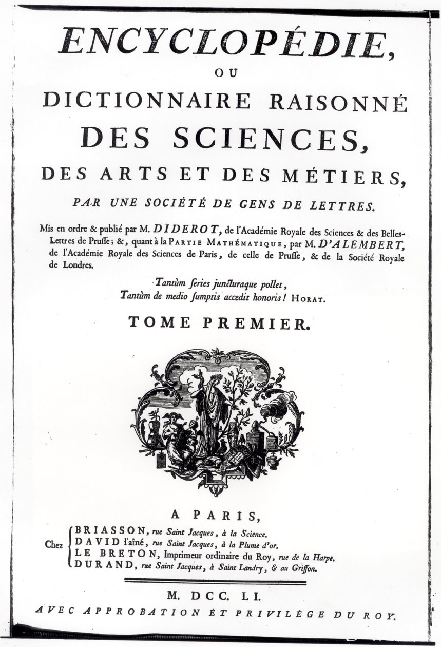 Frontispiece to The Encyclopedia of Science, Art and Engineering by Denis Diderot (1713-84) Published in Paris, 1751 by French School