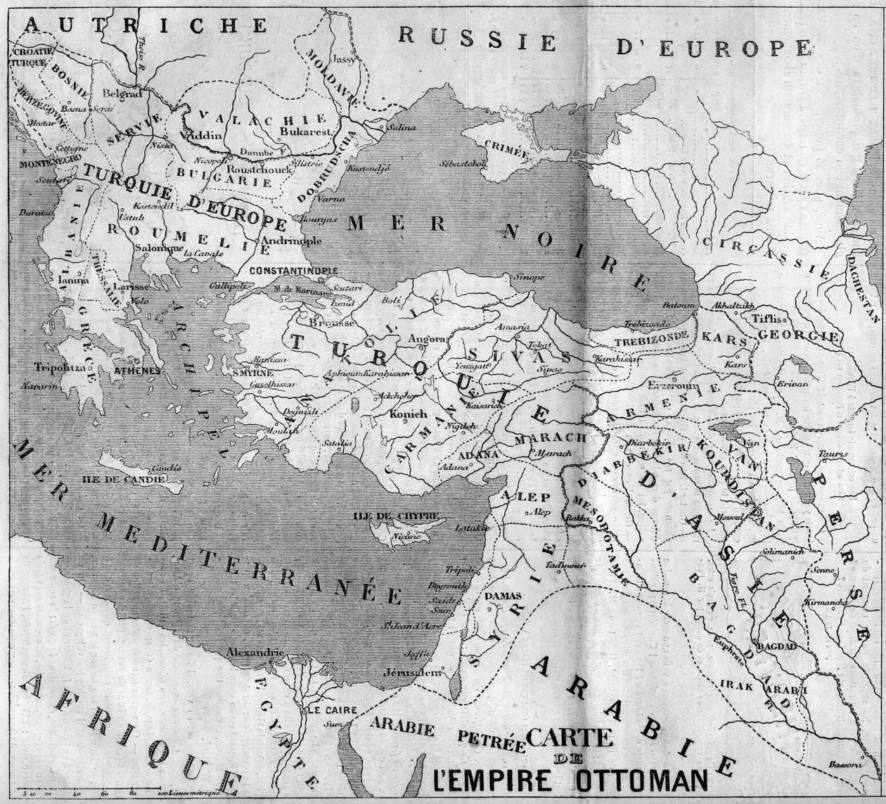 Geographic map of the Ottoman Empire in 1860. Engraving in 