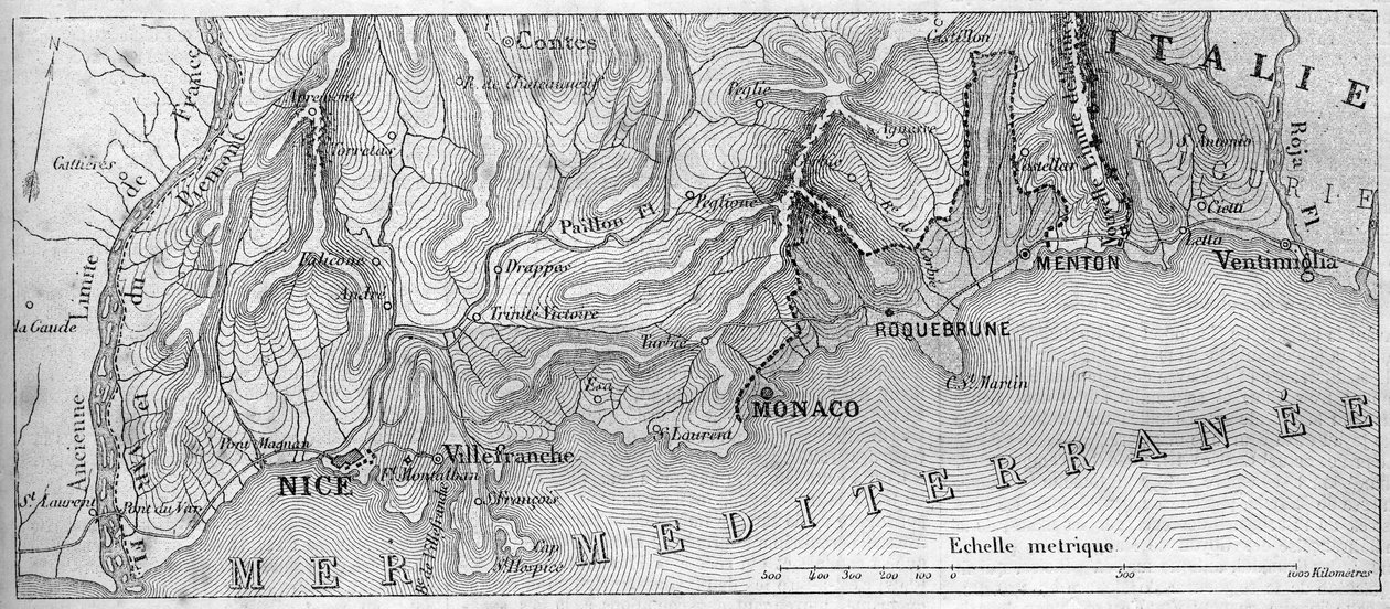 Geographic map of the Principality of Monaco, in 1861, before the city of Roquebrune and Menton joined France - engraving in 
