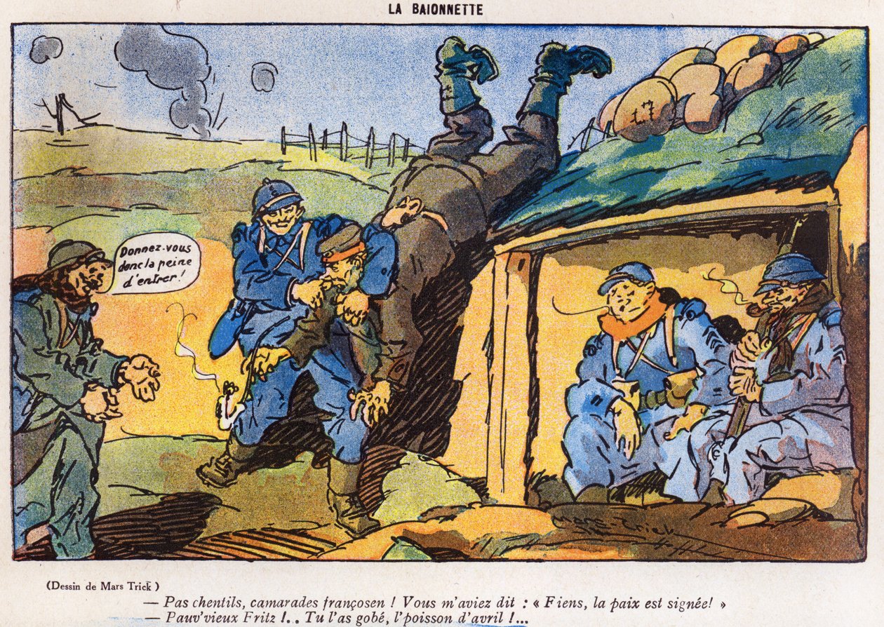German soldier captured by French soldiers as a result of a trick, cartoon from the April Fools Day edition of La Baionette magazine, 29 March 1917 by French School