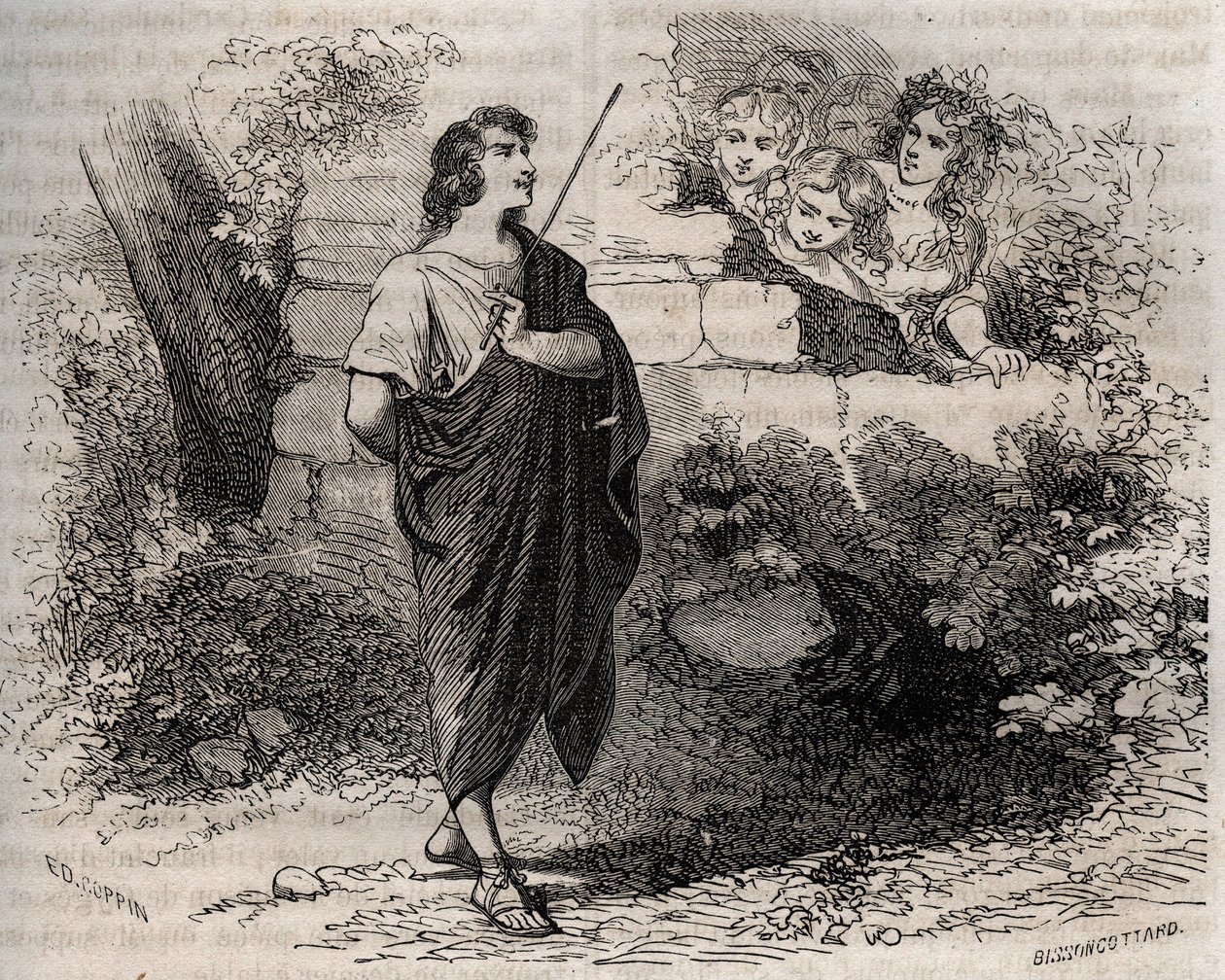 Greek mythology: Bacchis and his friends try to seduce Gyges who refuses and remains faithful to his deceased wife. Engraving from 1871 in Histoire Des Cocuses Celebres by Henry de Kock (1819-1892) by French School
