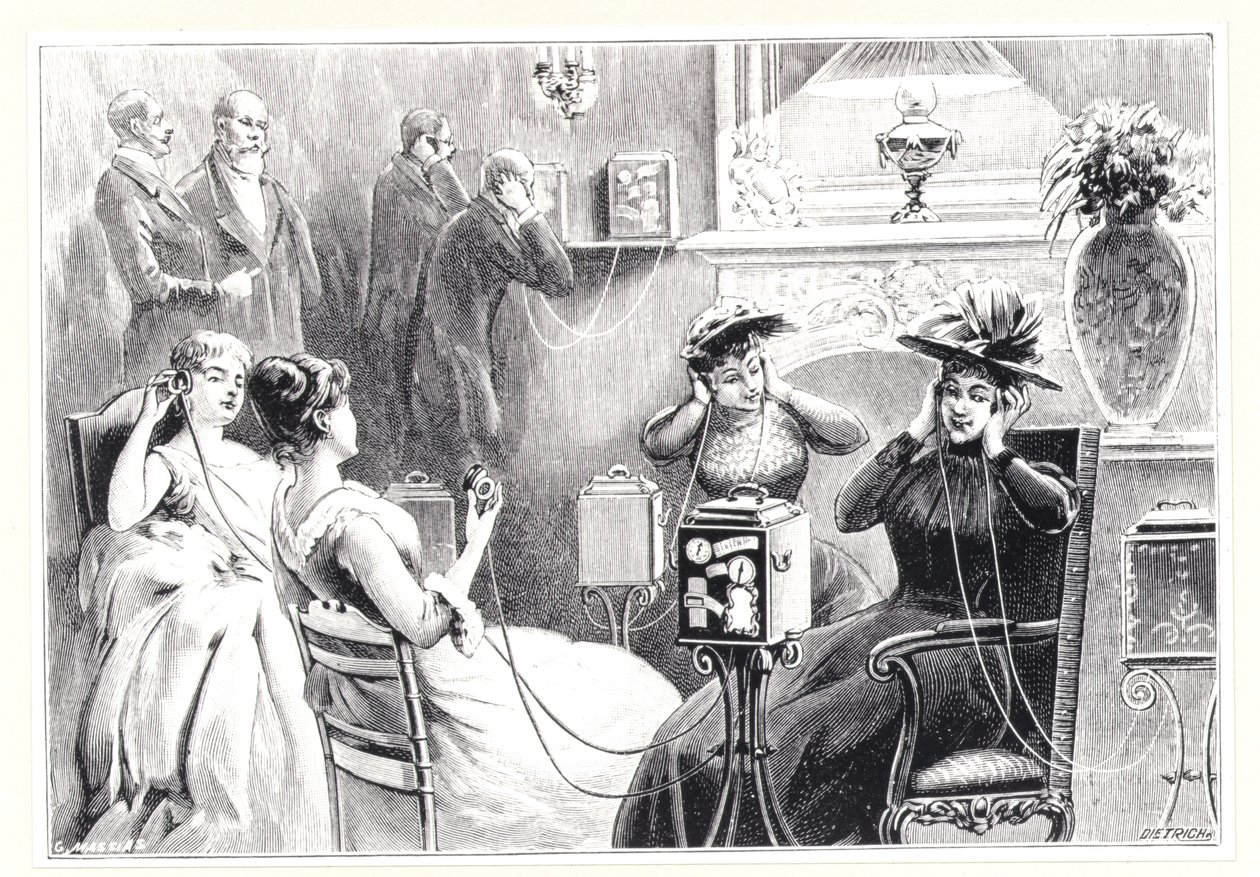 Guests in a Paris hotel listening to direct relays for opera or theatre performances on Marinovitch