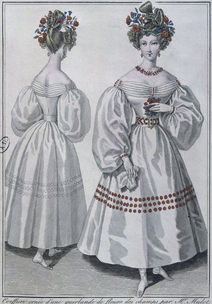 Hairstyle with a garland of wild flowers, Paris, 1829 by French School
