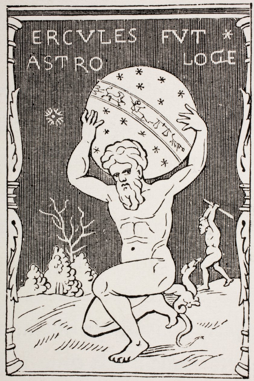 Hercules holding the world on his back while Atlas collects the apples of Hesperides, from 