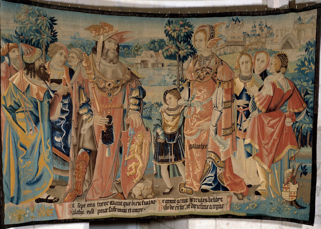 Hercules of Libya with his wife Galathee and his son Galathes surrounded by their courtiers in front of the city of Alexia in 1713 BC by French School