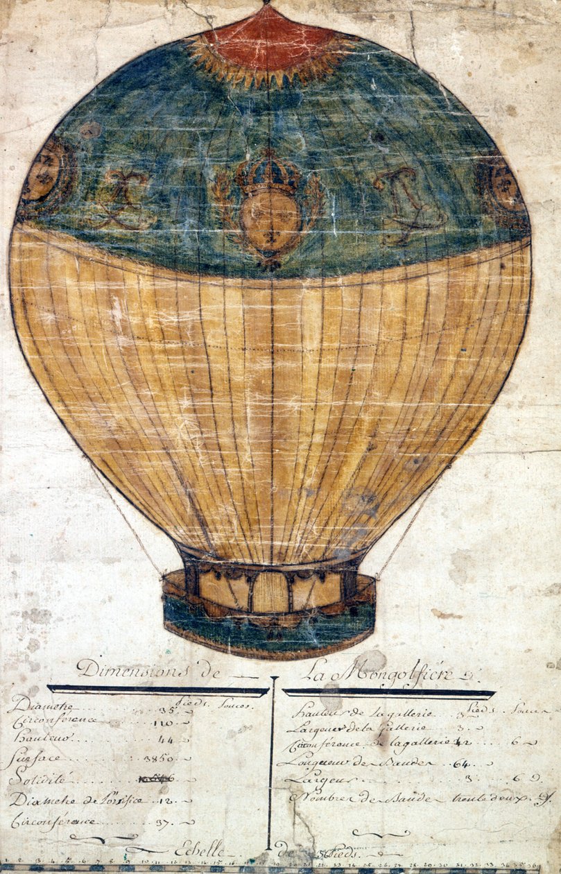 Hot air balloon of the Montgolfier brothers. Original drawing. 1782 by French School
