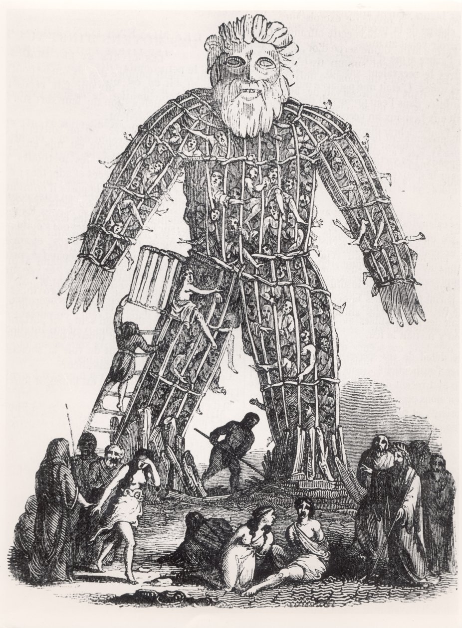 Human sacrifice by Gaulish Druids in a Wicker Man, from Magasin Pittoresque, 1833 by French School