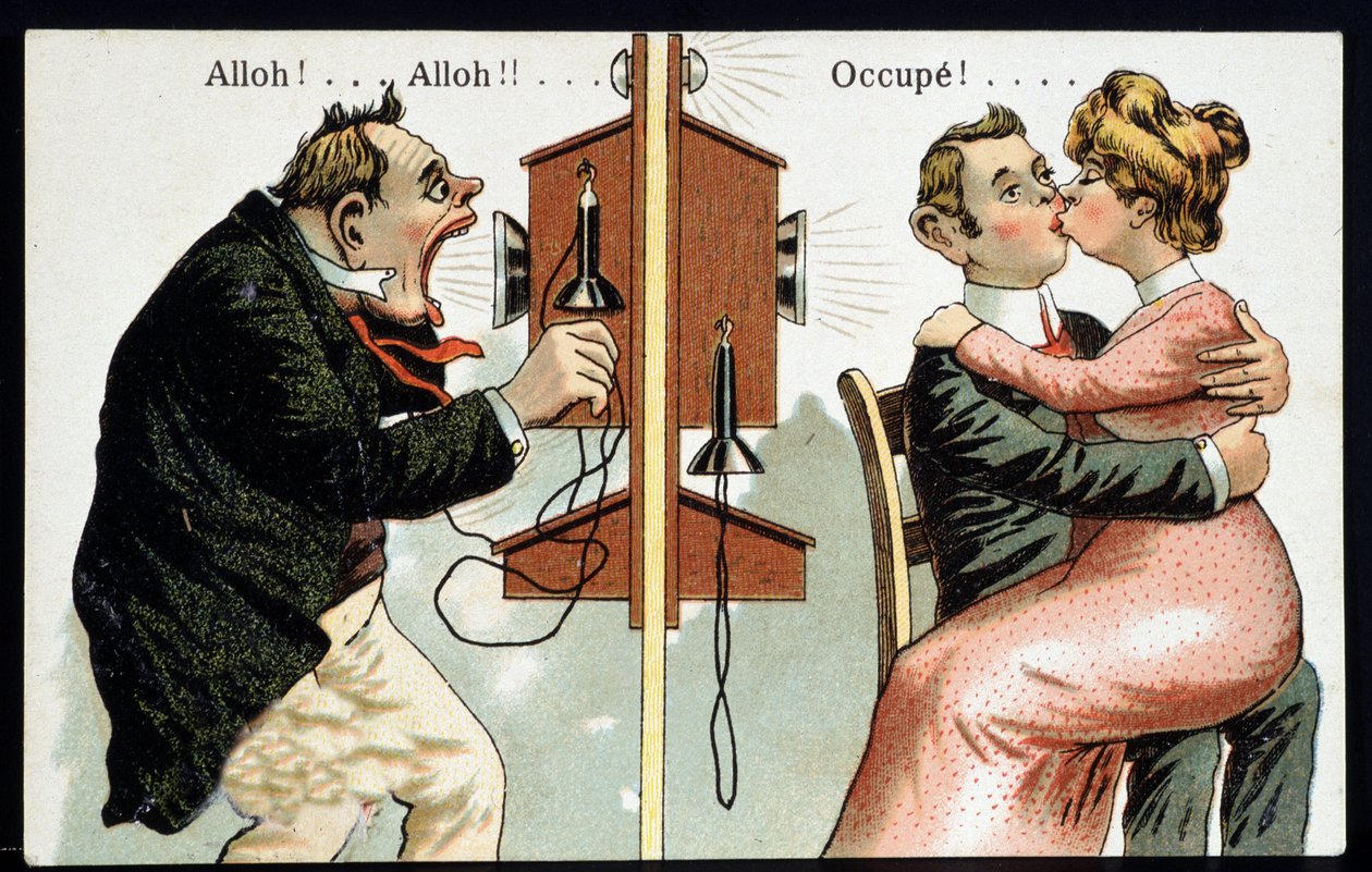 Humorous postcard on the phone, early 20th century by French School