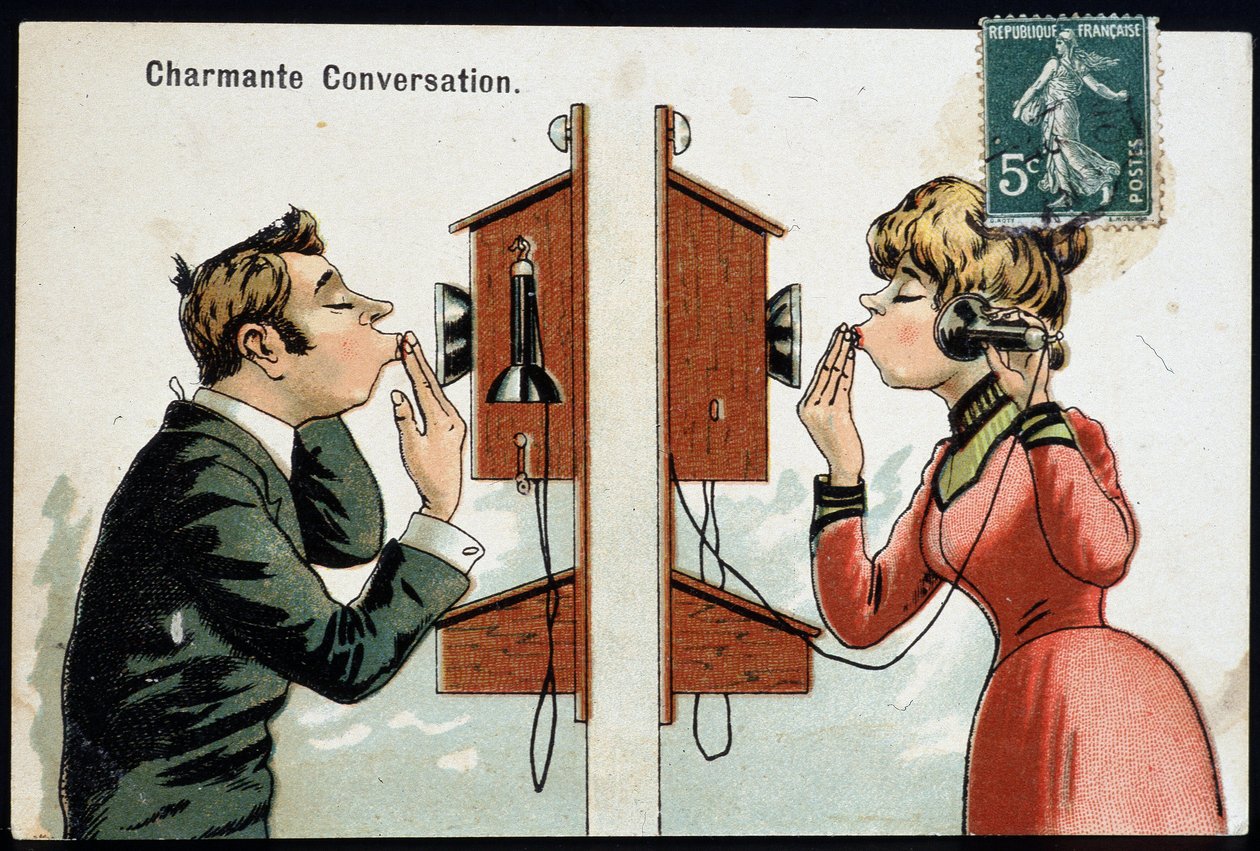 Humorous postcard on the phone, early 20th century by French School