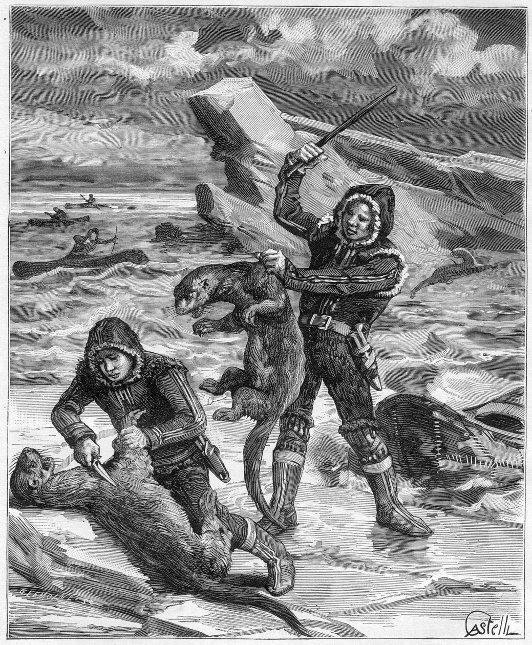 Hunter otters in Alaska - hunter of the Alaska otters in 1888 - Engraving in 