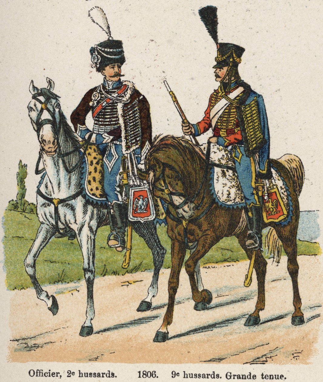 Hussars 1st Vendemiary An XII (24 September 1803): Officer, 2nd Hussars and 9th Hussars in Great Dress in 1806 (Plate from the book Les Uniforms de l