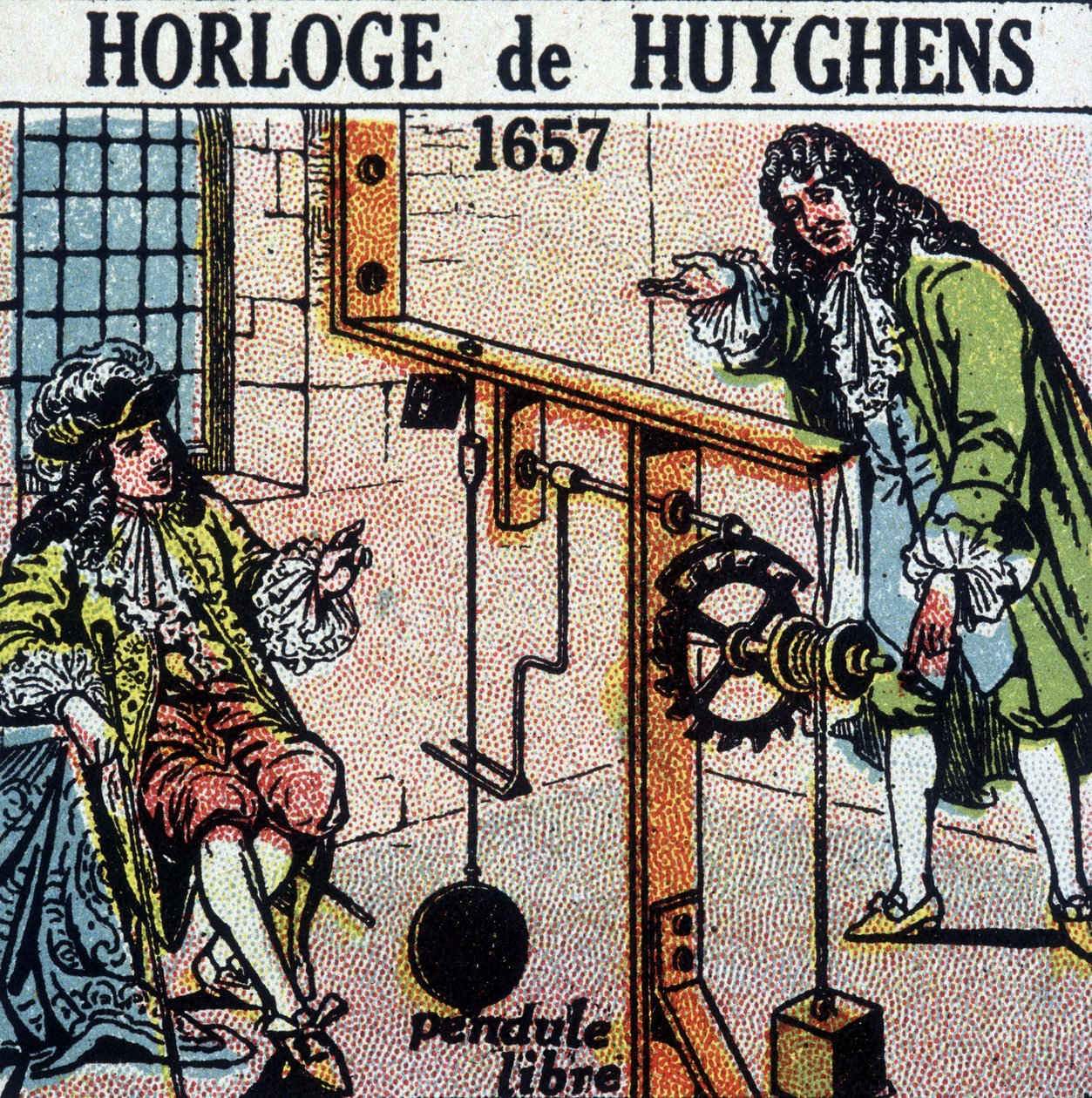 Huyghens clock 1657 (free pendulum) - engraving, early 20th century by French School
