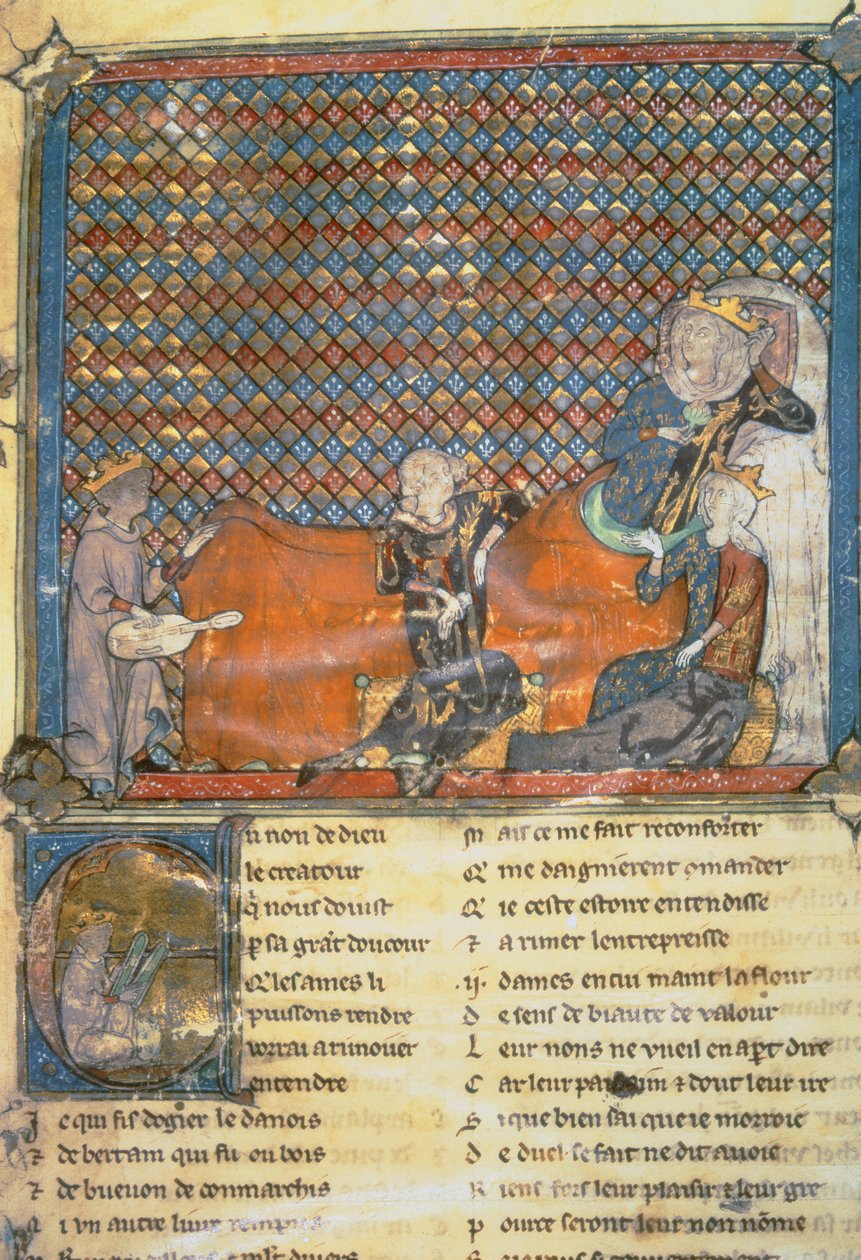 Illuminated page from an Anthology, showing from left to right, Adenet le Roi, a minstrel to Duke Henry; Count Guy of Flanders; Marie, Queen of France and wife of Philip the Bold (1342-1404) by French School