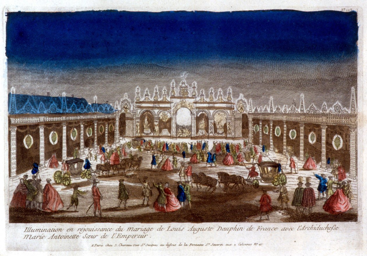 Illumination in celebration of the marriage of Louis Auguste, Dauphin of France (Louis XVI), with Archduchess Marie Antoinette, sister of the Emperor - engraving by French School