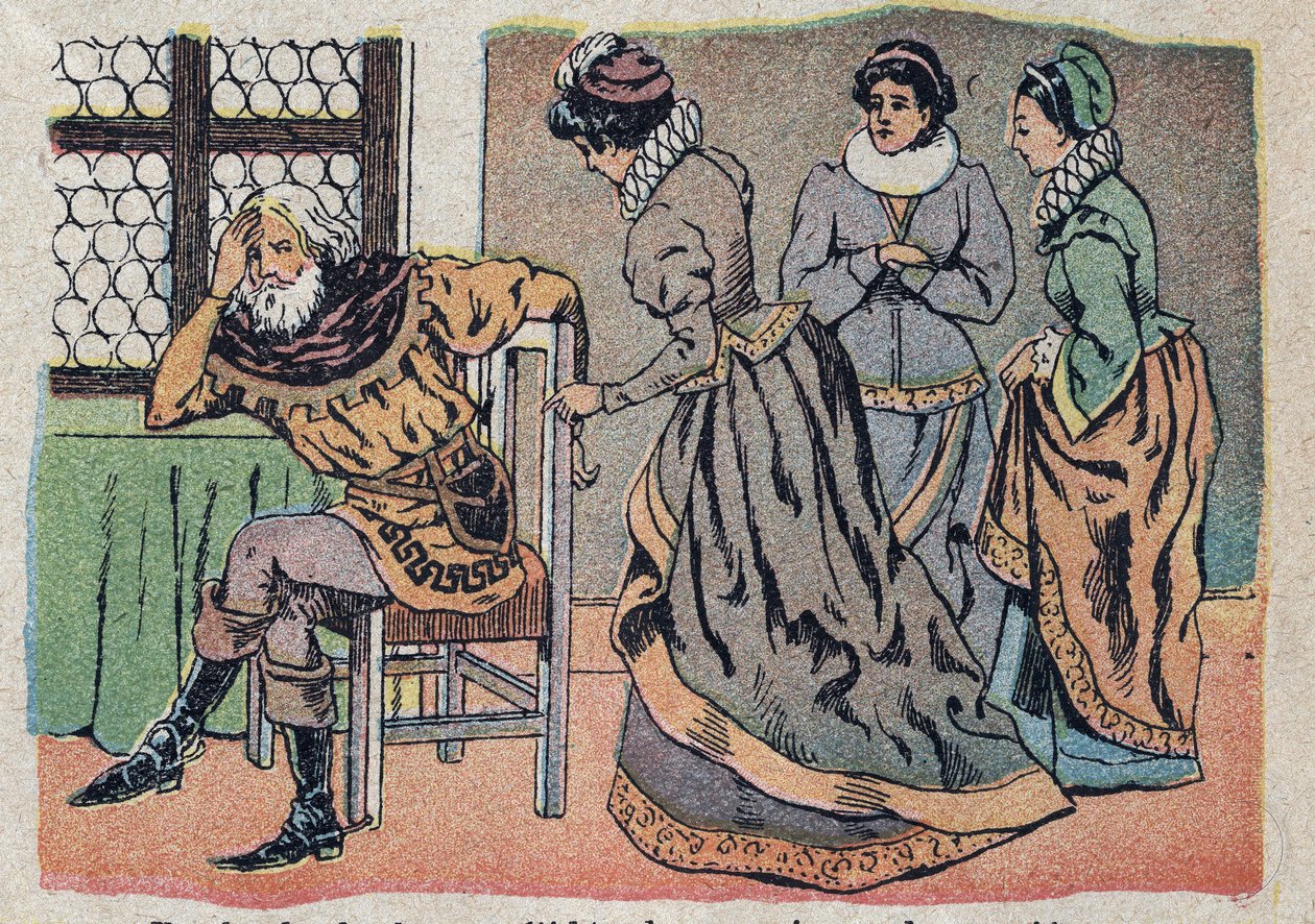 Illustration for the tale Beauty and the Beast: the merchant lost in pain. Engraving of Quinn imagery, circa 1890. by French School