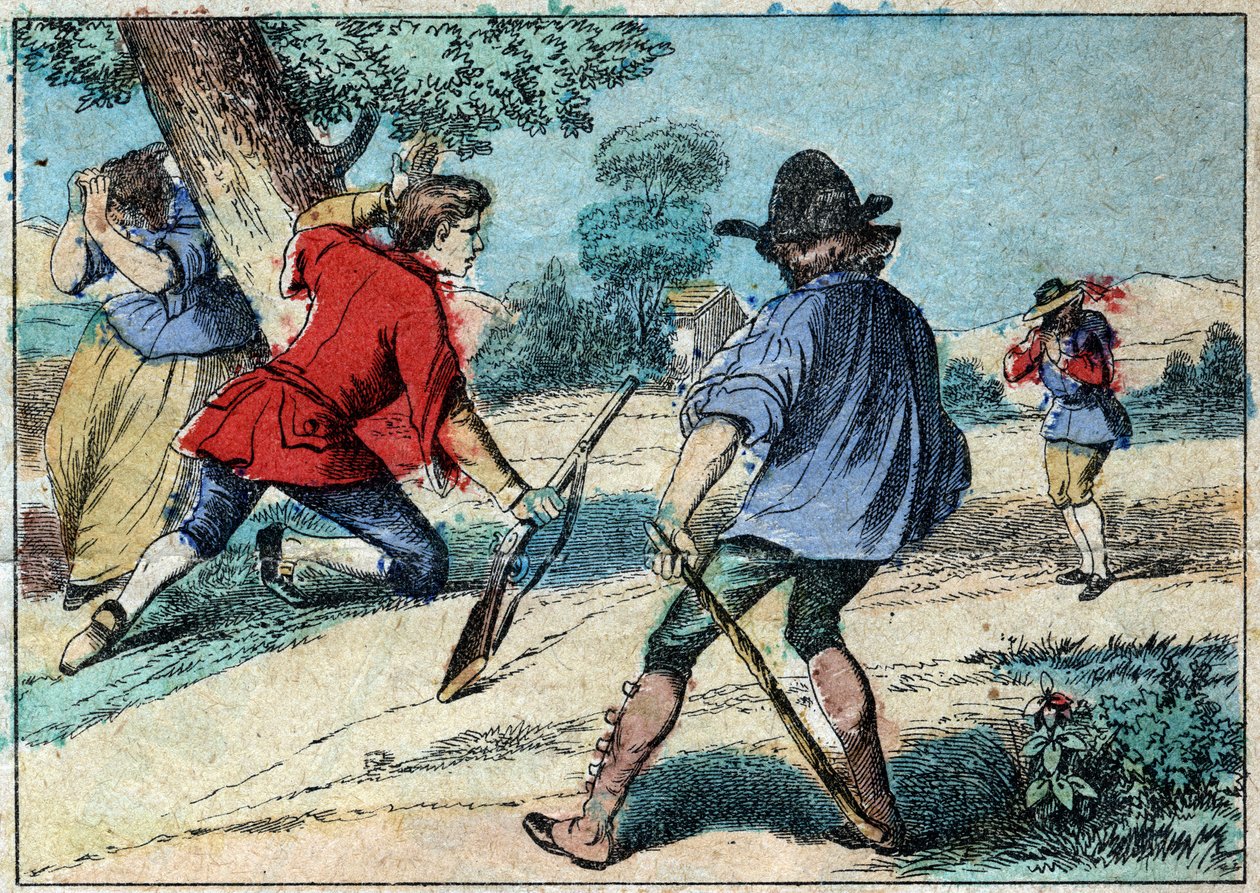 Illustration of the fable by Jean de la Fontaine: The Wolf Became a Shepherd. Epinal imaging of the late 19th century. by French School