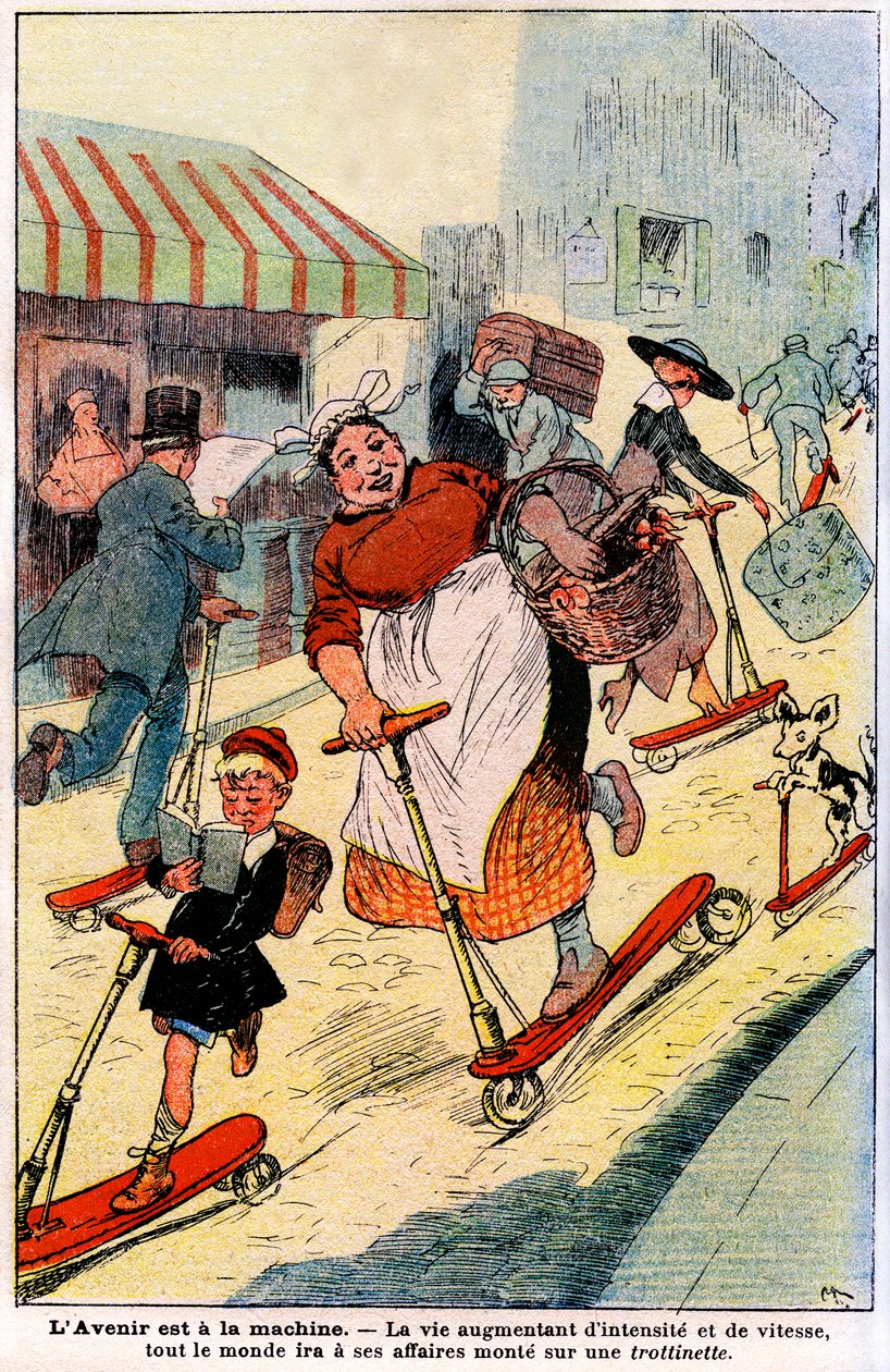 In the future, life increasing in intensity and speed, everyone will go to his business gets on a scooter. 1919 (engraving) by French School
