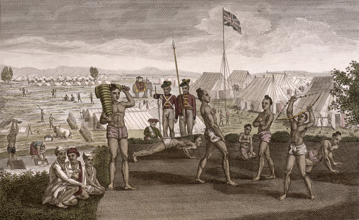 Indian Warriors Exercising with a View of the English Residents Camp, c.1810 by French School