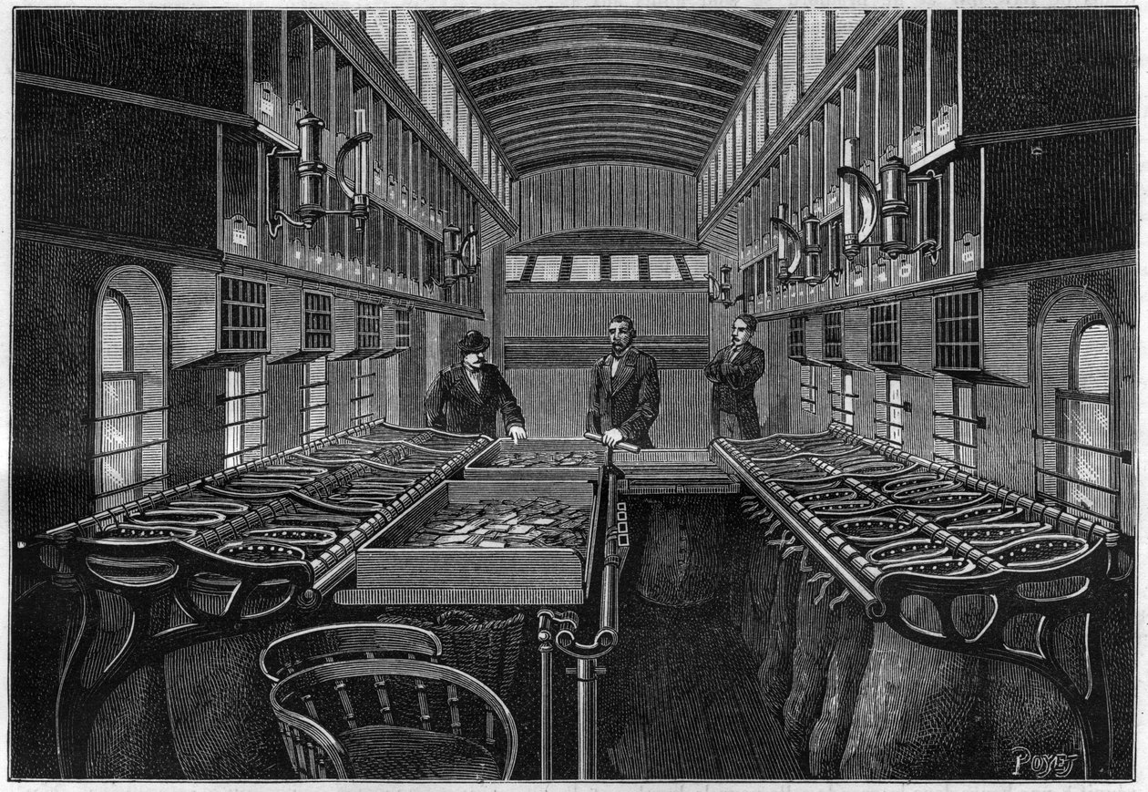 Inside a mobile post office in the United States, with tables and mobile lockers for sorting and classifying items. Engraving in 