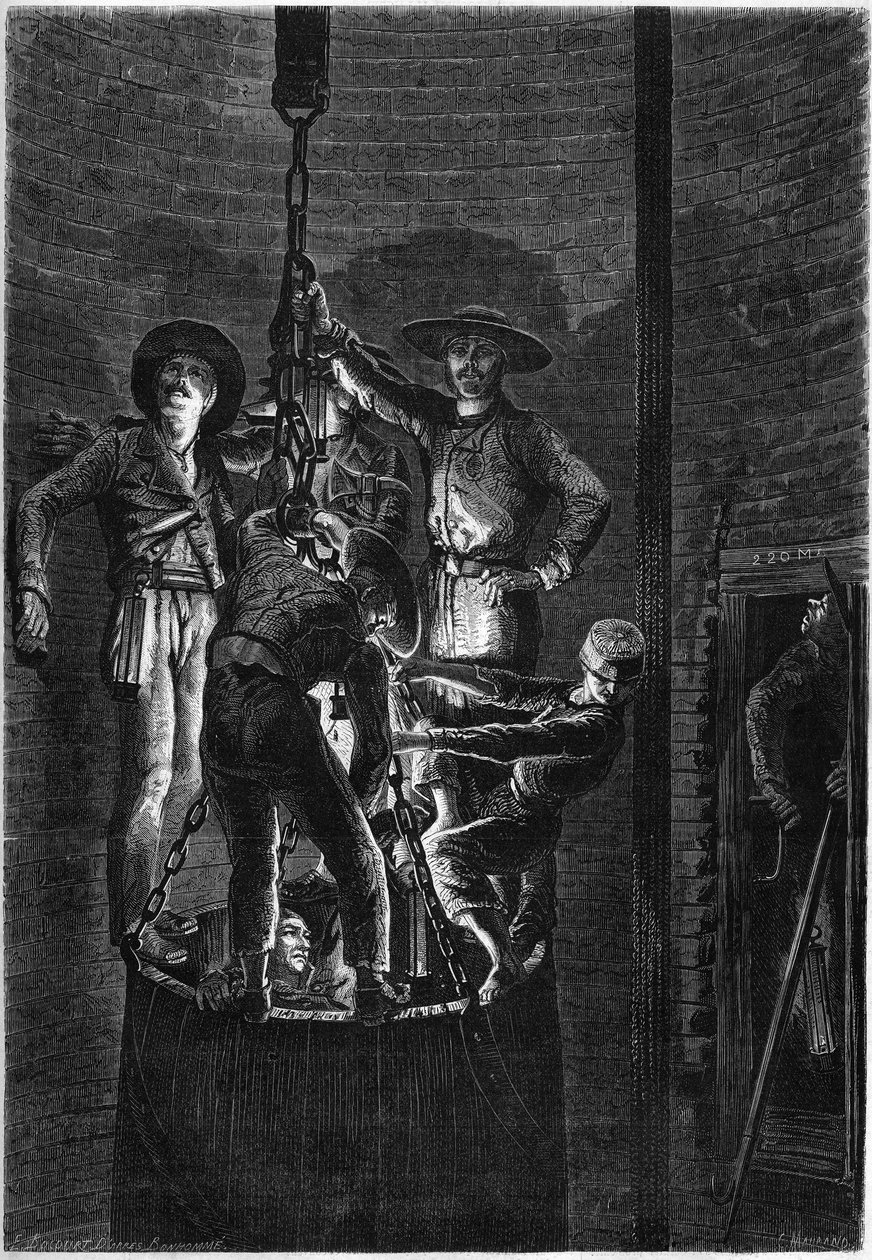 Interior appearance of a coal mine well: ascent of the dumpster. 1861. Engraving in Le Monde Illustré n°238 of November 2 by French School