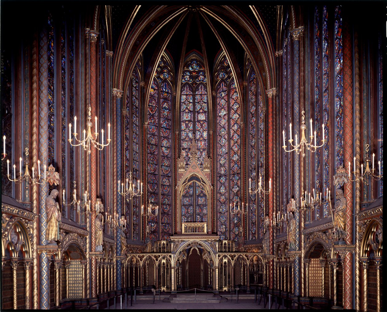 Internal view of the upper chapel of the holy chapel in Paris, France by French School