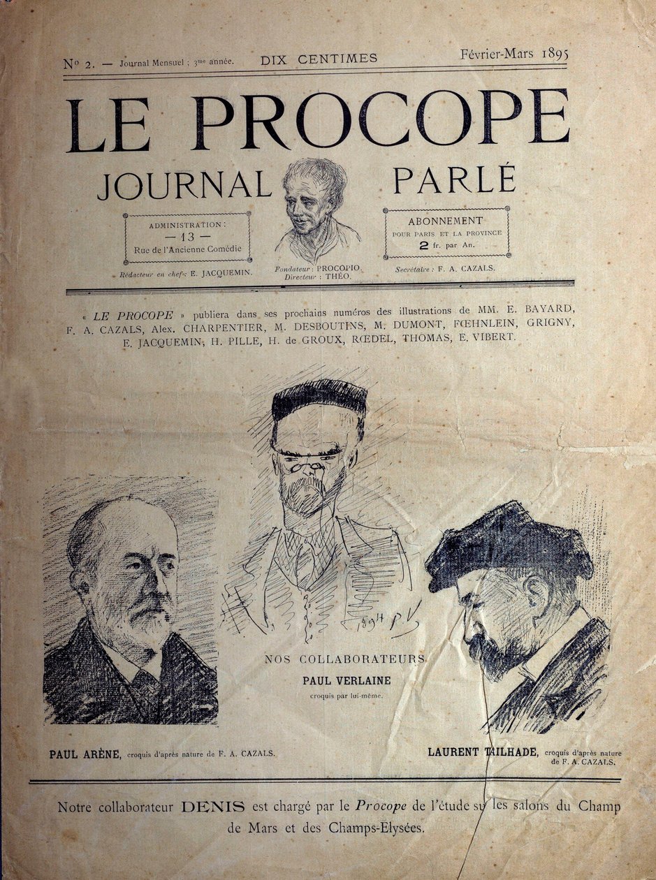Journal du Procope, Parisian cafe, February 1895: portraits of French poets Paul Verlaine, Paul Arene and Laurent Tailhade by French School