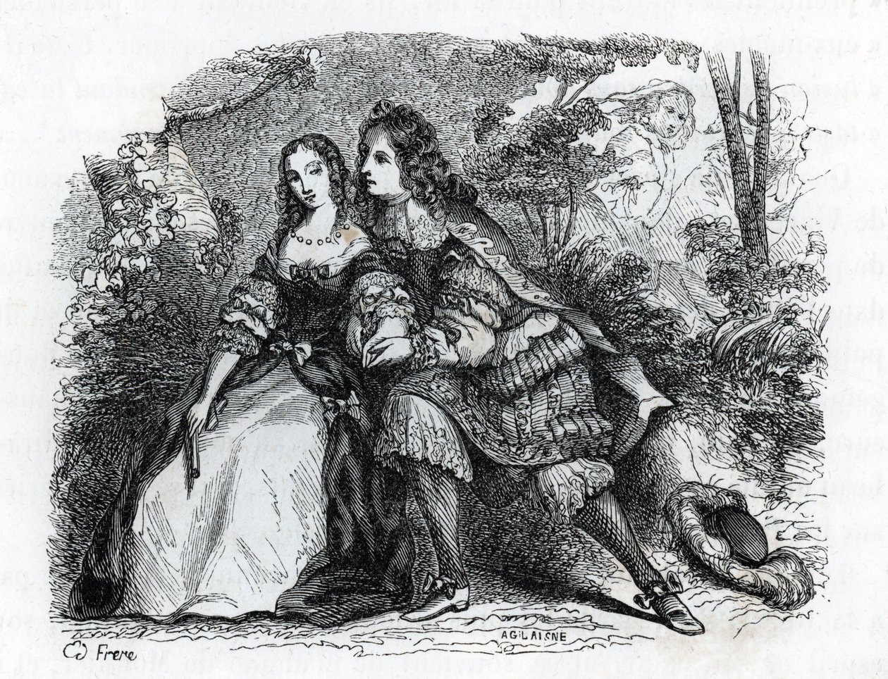 King Louis XIV and his mistress Louise de La Valliere (engraving) 1846 by French School