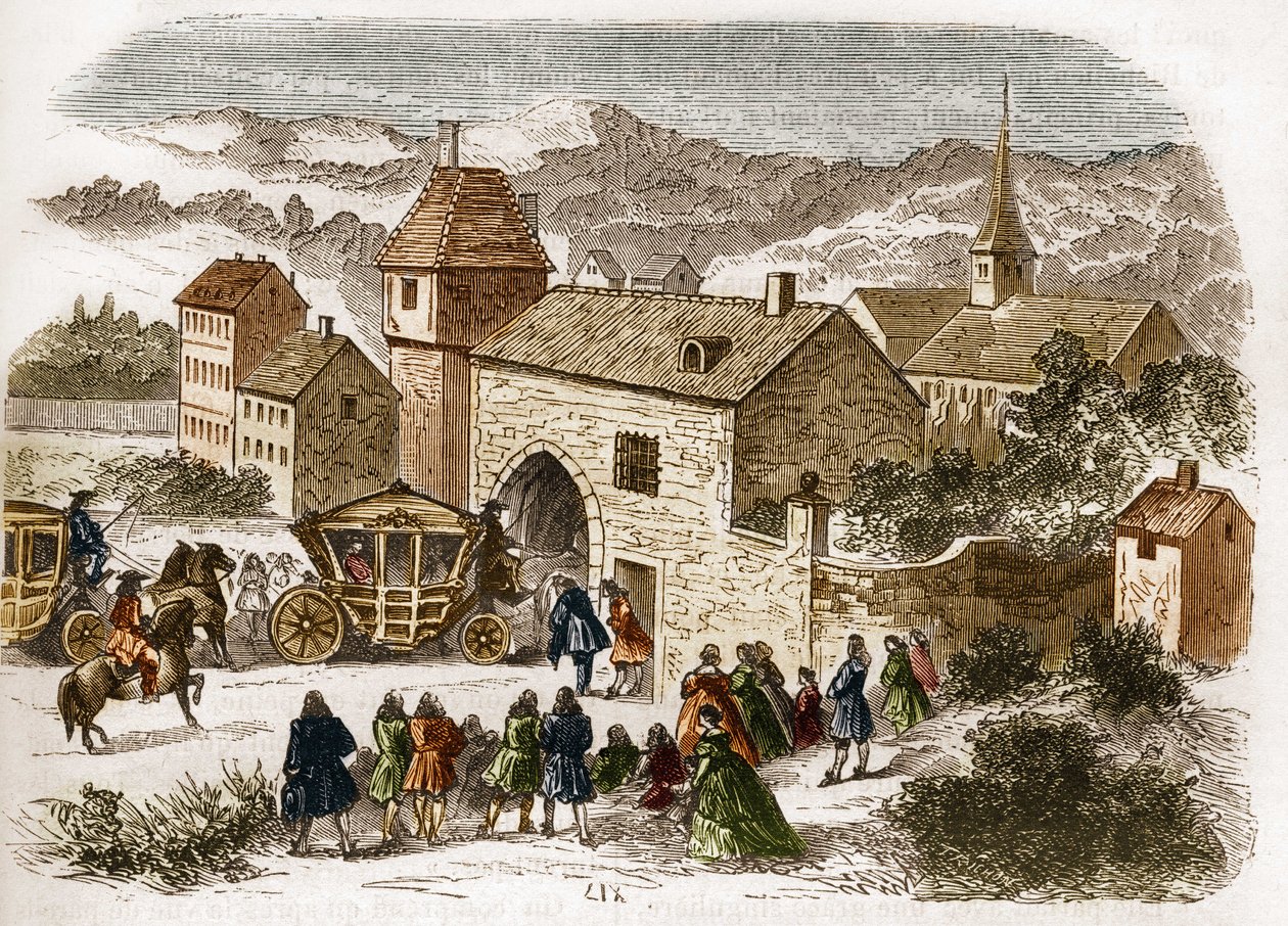 King Louis XIV (1638-1715) visiting Melle de Fontanges (1661-1681) at Port Royal around 1680. Engraving in 