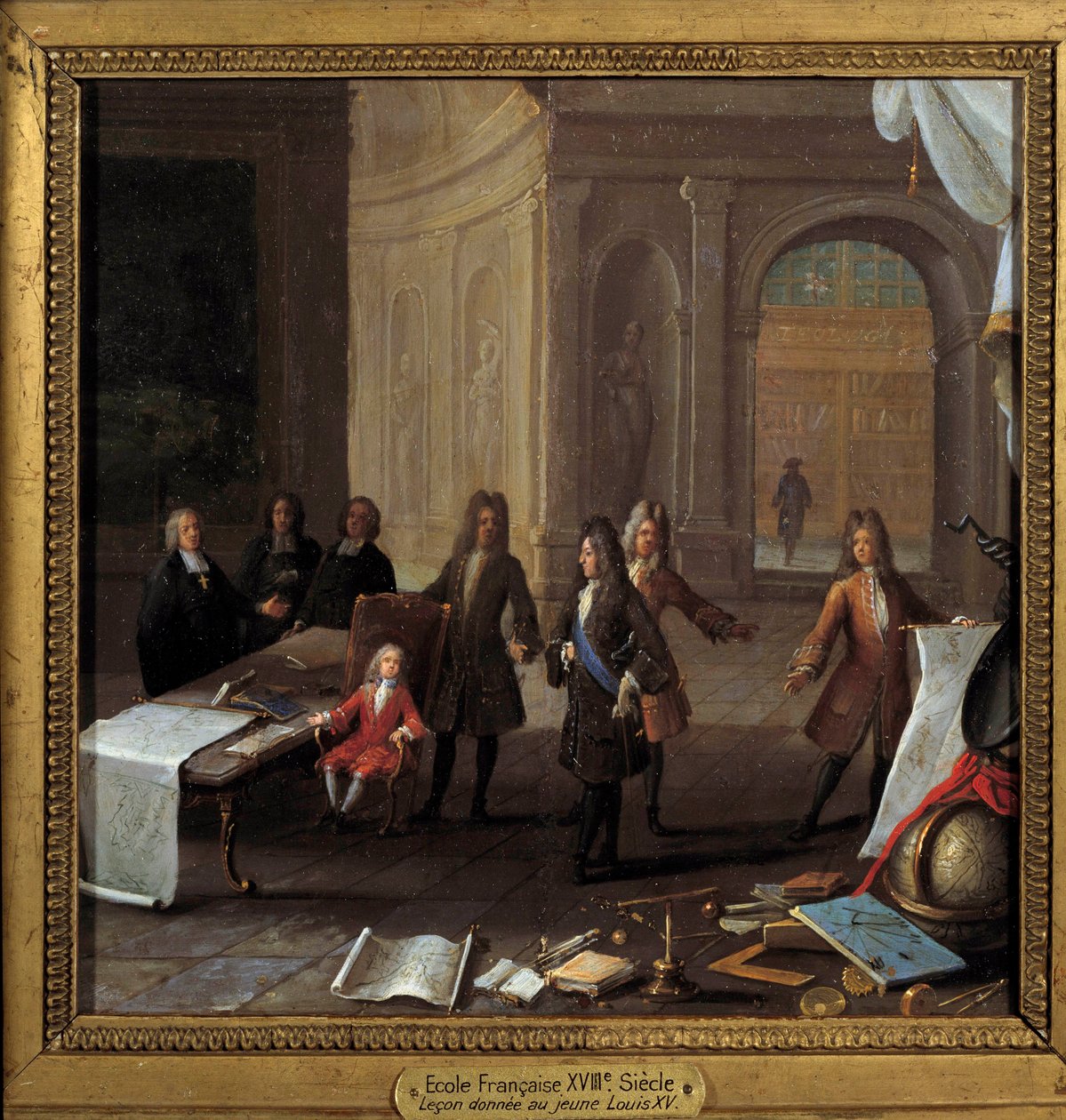 King Louis XV (1710-1774) child receiving a lesson in the presence of Cardinal Fleury and Regent Philip II Duke of Orleans (1674-1723). Anonymous painting of the 18th century by French School